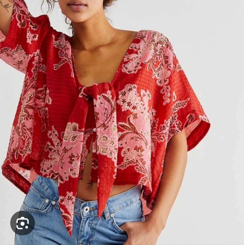 Free People Floral Red Women's Top L Large Like New